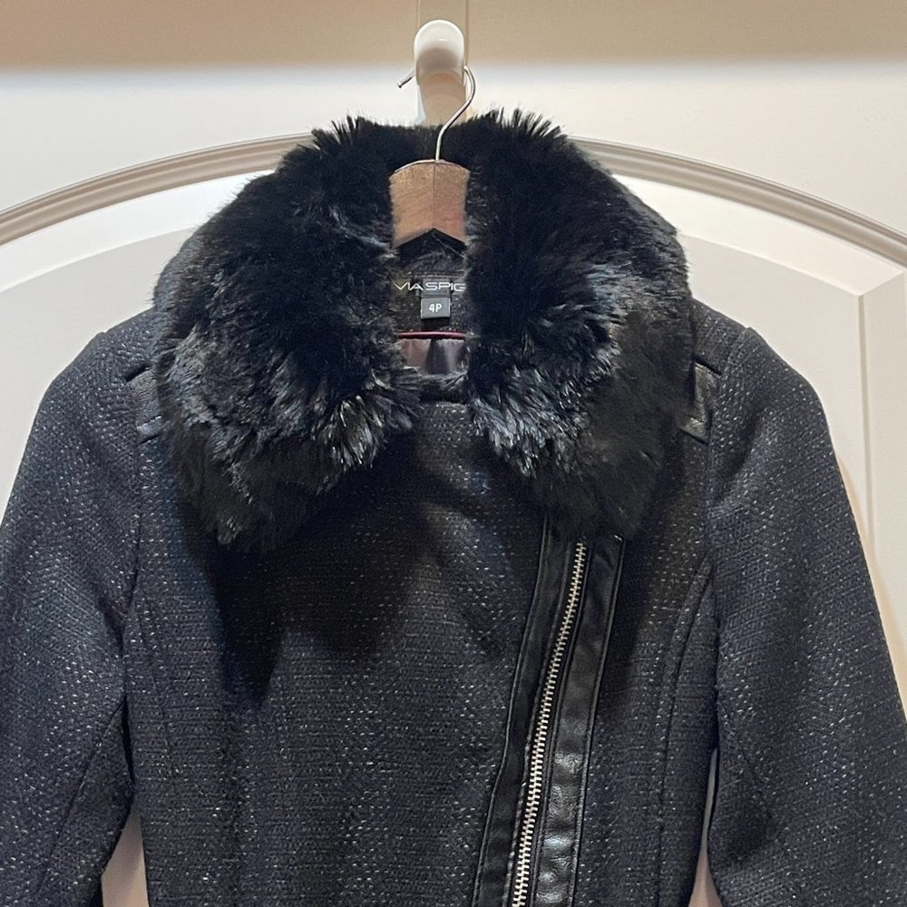 New Via Spiga Coat Petite 4P Black Tweed Fur Collar Leather Asymmetric Zip Wool - Picture 4 of 10